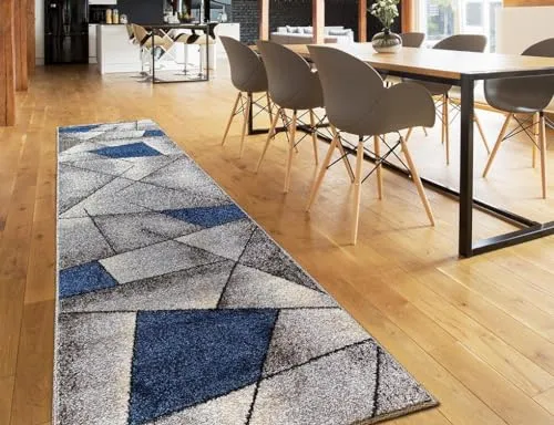 oKu-Tex Teppichläufer Wohnzimmerteppich [80x330 cm] weicher Kurzflor grau blau - Blauer Läufer für Wohnzimmer oder Flur - Runner Living Room - Modernes geometrisches Design - Deutsche Marke