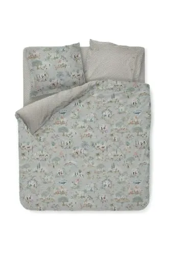 PiP Studio Bettwäsche Zubieta Blau Perkal Landleben Blumen Tanz Musik Tiere Früchte Häuser Angeln, Größe:200 cm x 200 cm