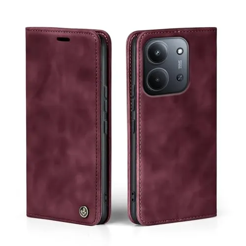 LBH Handyhülle für Xiaomi Redmi 15C in Weinrot mit Karten- und Geldfach Smartphone Hülle mit Standfunktion Flip Case Schutzhülle Magnetverschluss Vintage