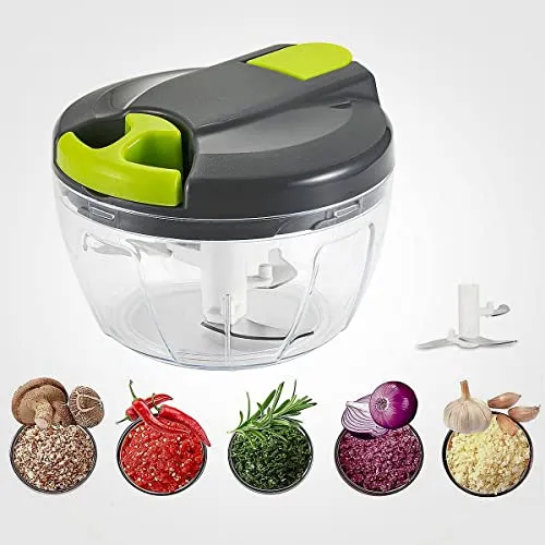 FiveShops Handzerkleinerer Manuell Multizerkleinerer mit 3 Edelstahlklingen 520ml Zugschnur zum Schneiden von Gemüse, Obst, Zwiebeln, Knoblauch, Nüssen, Tomaten, Babynahrung Fleisch (grau)