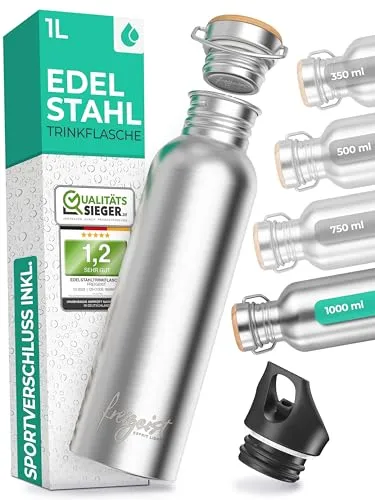 freigeist Edelstahl Trinkflasche 1l mit Gratis Sportverschluss - Trinkflasche & Isolierbecher – 100% auslaufsicher mit innovativer Vollmanteldichtung, ideal für Büro, Wandern und Sport. Leicht zu reinigen und umweltfreundlich!