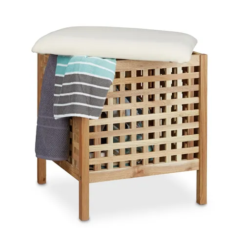 Badhocker Walnuss mit Wäschesammler - Hocker & Barhocker aus robustem Holz, ideal zur praktischen Wäscheaufbewahrung und stilvollen Ergänzung in jedem Raum.