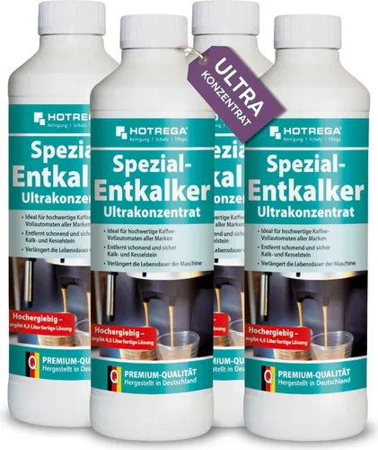 HOTREGA Spezial Entkalker Ultrakonzentrat Sets - Menge:4 - Kaffeezubehör & Espressozubehör, hochwirksamer Bio-Entkalker für langlebige Kaffeevollautomaten und perfekten Kaffeegenuss ohne Rückstände.