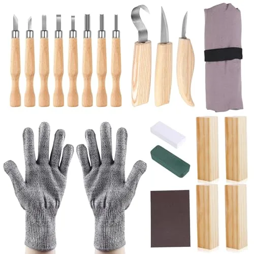 HOSPAOP Holz Schnitzwerkzeug Set 21-teilig – Schnitzmesser Holz Schnitzen Set für Erwachsene & Kinder, DIY Carving Schnitzset mit Schleifstein und schnittfesten Handschuhen