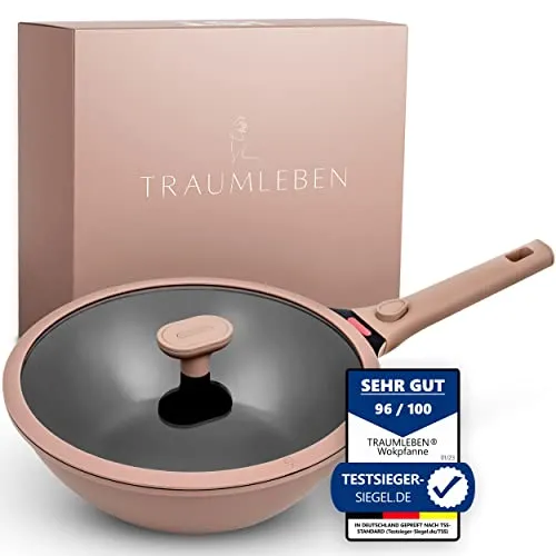 TRAUMLEBEN Wok 28 cm mit Deckel und abnehmbarem Griff - Wokpfanne für Induktion, backofenfest und mit langlebiger Antihaftbeschichtung – ideal für gesunde, schnelle asiatische Gerichte und mehr!