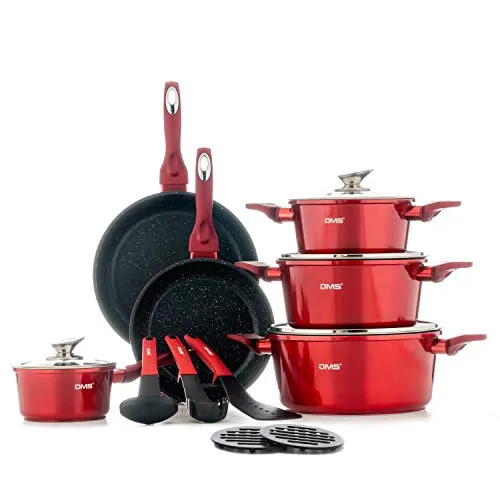 DMS Premium Topfset mit Deckel - Marbel/Rot, 15-teilig - Sets für alle Herdarten: Das 15-teilige Topfset aus Aluminium mit Marbel-Beschichtung sorgt für gleichmäßige Wärmeverteilung und ist ideal für gesundes Kochen.
