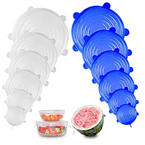 Firschoie 12 Stück Dehnbare Silikondeckel, Dehnbare Silikondeckel in verschiedenen Größen Rund, Wiederverwendbar und dauerhaft erweiterbar, für Gläser, Schüsseln, Flaschen(Weiß Blau)