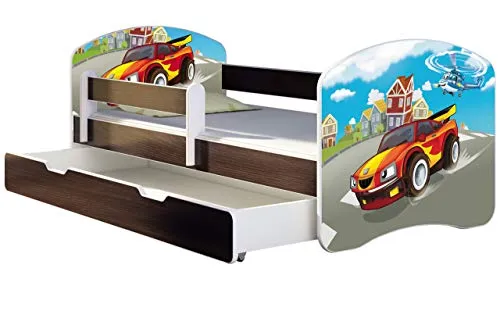 ACMA Kinderbett Jugendbett mit Einer Schublade und Matratze Wenge mit Rausfallschutz Lattenrost II 140x70 160x80 180x80 (03 Racing Car, 160x80 + Bettkasten)