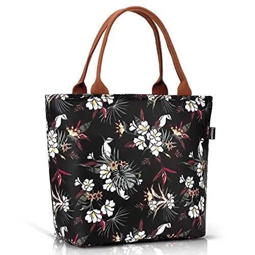 Gloppie Lunch-Tasche für Frauen, isolierte Lunch-Tasche, große Kühlbox, tragbare Lebensmittel-Tragetasche, Geschirr, Groß, weiße blumen
