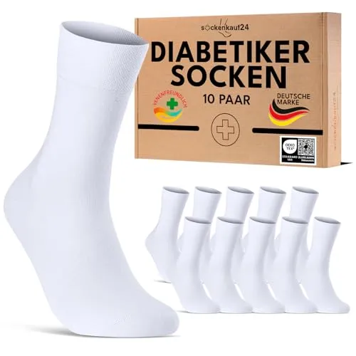 sockenkauf24 10 Paar Diabetikersocken für Herren & Damen ohne Gummibund & ohne Naht aus Baumwolle Diabetiker Socken mit Komfortbund ohne Gummi 70208T (Weiß 47-50) WP