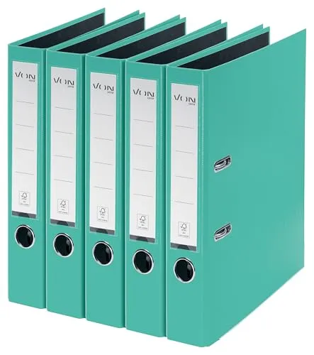 VON Leitz 5er Pack Ordner A4, Karton mit Kunststoffeinband, 50 mm Rückenbreite, Für 350 Blatt, FSC-zertifizierter Karton, Für Schule, Studium & Haushalt, Mintgrün, 10561051