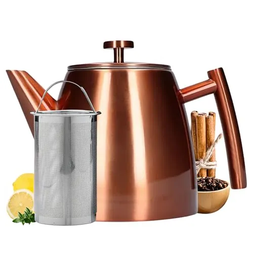 Vaja Trends Teekanne, 1L Doppelwandig Aus Rose Edelstahl Mit Siebeinsatz, Mit Stövchen, Tea Maker, Teekanne Edelstahl