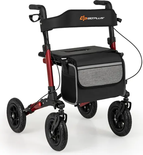COSTWAY Rollator faltbar, 2in1 Rollstuhl & Reiserollator mit Sitz, Luftbereifung, Tasche & Stockhalter, Gehhilfe höhenverstellbar bis 140kg Rot