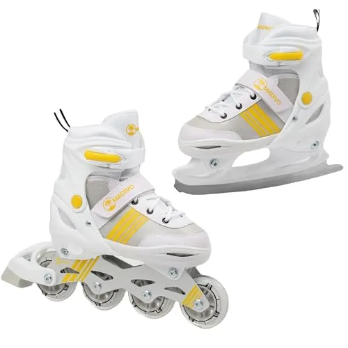 MADIVO Duo Set 2in1 Inliner/Schlittschuhe VERSTELLBAR | für Kinder und Jugendliche | Damen Herren Inline-Skates umbaubar zu Eislaufschuhe | Größen: 34-37, 38-41 (Weiß, M (34-37))