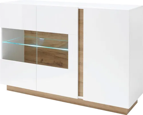 Sideboard 51 Clair Kommode Anrichte in Weiß Glanz und Eiche - Anrichte mit 3 Türen, elegantes Design in Weiß Glanz und Grandson Oak, ideal für stilvolle Wohnzimmer. Maße: 138x91x40 cm, robust und praktisch.