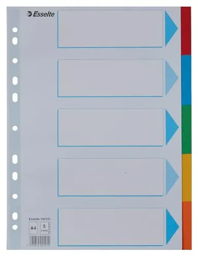 Esselte Register für A4, 20er Pack, 5 Trennblätter mit Taben, Grau/Mehrfarbig, Recyclingkarton, 100191