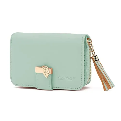 CALIYO Geldbeutel Damen aus glattem und weichem Synthetisches Leder, Geldbörse Damen klein und im Kurzformat, Portemonnaie mit Druckknopf und Reißverschluss und viele Fächer (Hellmint).