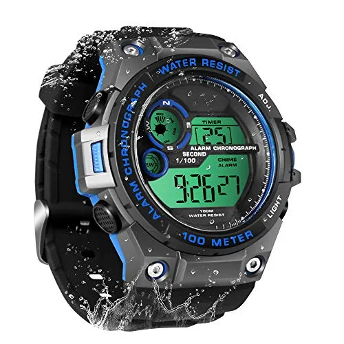 TEKMAGIC Armbanduhr Digitale Herren 10 Atmosphären Wasserdicht zum Schwim Tauchen mit Edelstahlarmband Wecker, Stoppuhr, Zweite Zeitzone, Timer, Kalender, 12 oder 24 Stunden Format