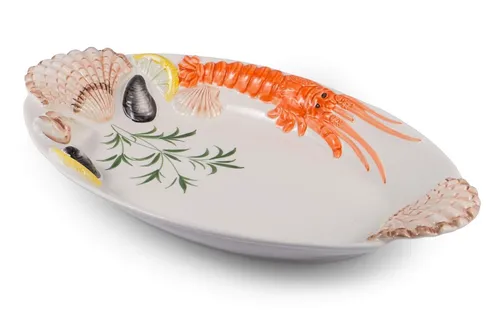 BASSANO Meeresfrüchte Fischteller Servierplatte aus italienischer Keramik - Servierplatten & -schalen, ovales Design mit Reliefen, ideal für alle Anlässe und perfekt zum stilvollen Servieren von Meeresfrüchten.