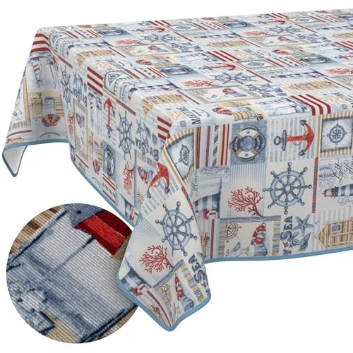 Tischdecke abwaschbar Tischtuch Lotuseffekt pflegeleicht aus Baumwolle Polyester schmutzabweisend Outdoor Gartentischdecke Maritim 240x140cm mit Paspelband