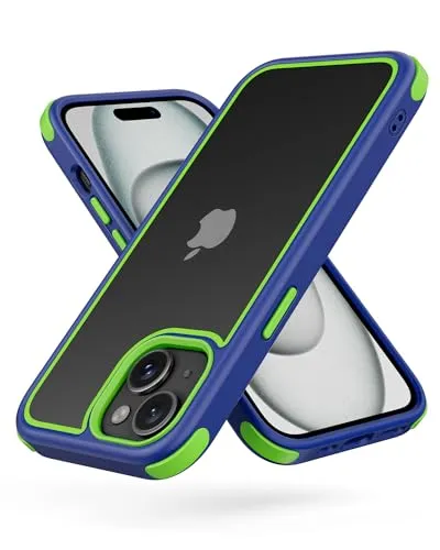 MobNano Ultra Durchsichtig Hybrid Hülle für iPhone 15 Hülle, Stoßfest Silicone Bumper Handyhülle Shockproof Transparent Fallschutz iPhone 15 Case - Blau/Neongrün