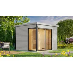 Weka 412 Saunahaus mit 9 kW Ofen und integrierter Steuerung - Hellgrau - Modernes Saunahaus mit breiter Glasschiebetür für einen tollen Blick in den Garten. Genießen Sie entspannende Saunagänge auf zwei Liegen und einer Querliege – inklusive Ofen und Steuerung für ein rundum gelungenes Wellness-Erlebnis.