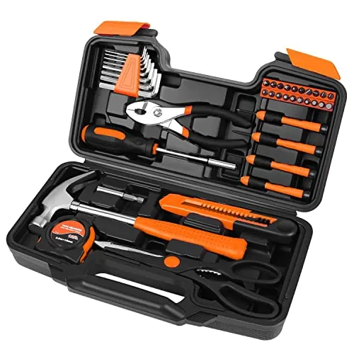 Flexzion Handwerkzeug Set & Zubehör für allgemeine Heimwerker Hausbesitzer Reparaturen im Haushalt mit Kunststoff Werkzeugkasten Aufbewahrungs Organizer Koffer – Orange & Schwarz