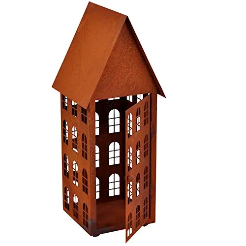 Gartendeko Haus hoch Laterne Gartenlicht zum Stellen Metall Rost Deko (27x27x80 cm)