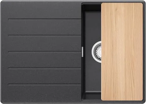 PRIMAGRAN Spülbecken Anthrazit 70x50cm, Granitspüle 1 Becken + Ablauf-Set + Schneidebrett, Küchenspüle ab 40er Unterschrank - Kopenhagen S352