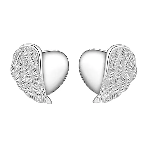 Viwind Damen Ohrstecker Engelsflügel Ohrstecker 925 Sterling Silber Ohrringe Herz Ohrringer Schmuck Geschenk mit Geschenkbox (Silber)