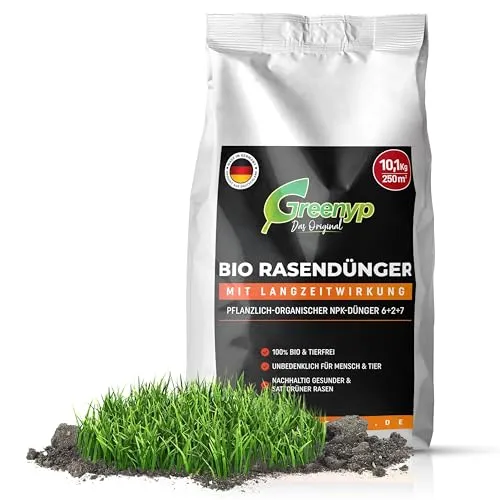 Greenyp Bio Rasendünger 10,1kg für 250m² I Pflanzlich Organischer Dünger mit 3 Monate Langzeitwirkung I Staubarm, Tierfreundlich und Vegan I Frühjahr bis Sommer