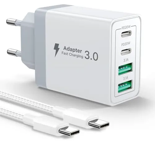 USB C Ladegerät, 4 Ports Mehrfach Ladegerät mit USBC auf USB C Kabel 2M, 40W USBC Netzteil PD 3.0 Power Adapter USB Stecker für iPhone, Samsung, Handys Schnellladegerät Ladeladapter Ladestecker