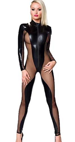 Saresia Schwarzer erotischer Damen Dessous Gogo-Overall aus Wetlook Material und transparantem Mesh mit Strehkragen und Reißverschluss L