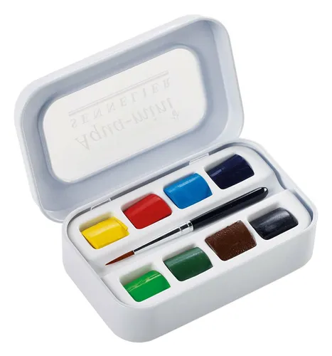 Sennelier Mini Aquarelle Metallbox mit 8 half-pans - Malfarben – Kompaktes Aquarell-Set mit 8 halben Töpfen und Reisepinsel, ideal für kreative Abenteuer unterwegs.