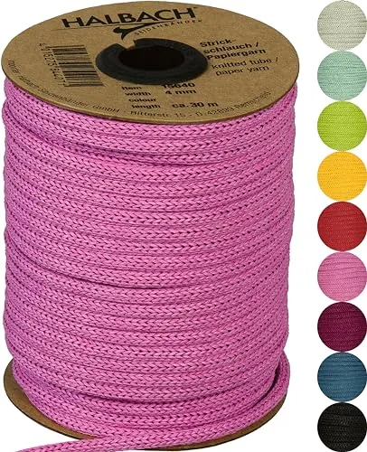 Halbach Seidenbänder Premium Papier Strickschlauch | Breite: 4mm Länge: 30m | Schlauchgarn befüllbar und reißfest, Papiergarn für Namensschilder Kinderzimmer oder zum basteln, Farbe: hellpink