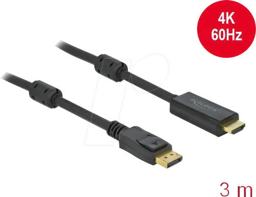 DELOCK 85957 - Aktives DP 1.2 zu HDMI Kabel 4K 60 Hz 3 m - HDMI Kabel für 4K Auflösung und 60 Hz, ideal für Grafikkarten ohne DP++ Signale. Perfekt für hochauflösende Monitore und 3D Displays.