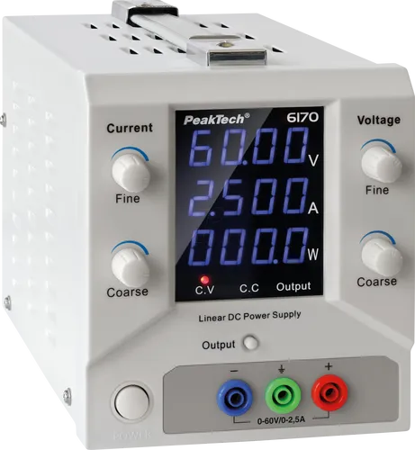PEAKTECH 6170 Labornetzgerät 0-60V 2,5A - Leistungsstarkes Labornetzgerät mit linearer Regelung für präzise Spannungs- und Stromkontrolle. Ideal für Elektronikprojekte und Ausbildung, bietet ein stabiles und rauschfreies Ergebnis.