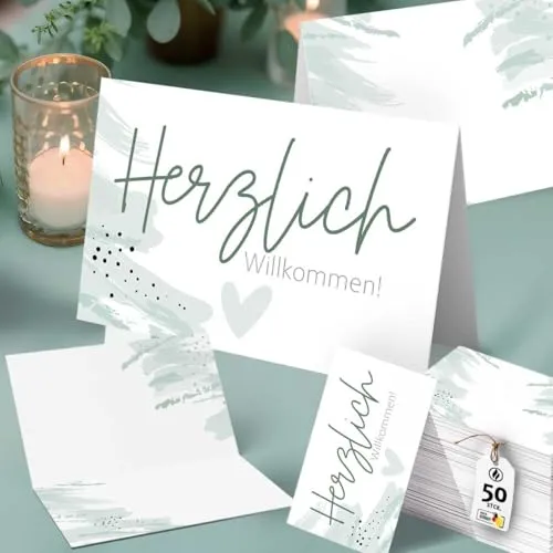 50x Tischkarten Herzlich Willkommen Mintgrün - Modernes Aquarell Design, personalisierbar, blanko - Platzkarten Hochzeit, Events, Gäste - Art Mood Kollektion