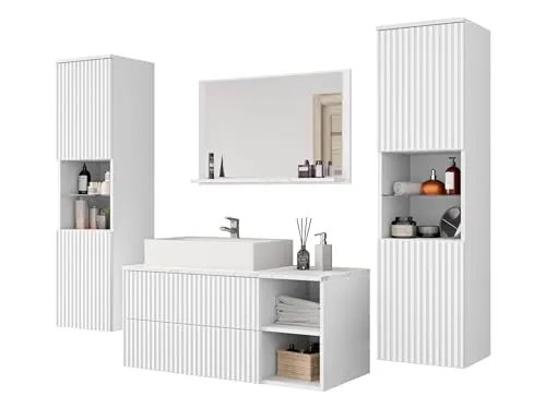 MIRJAN24 Badmöbel Kertos Rillen III 5er-Set - Badezimmerschränke mit stilvollen, gefrästen Fronten und praktischem, grifflosen Öffnungssystem. Ideal für modernes Badezimmerdesign und optimalen Stauraum.