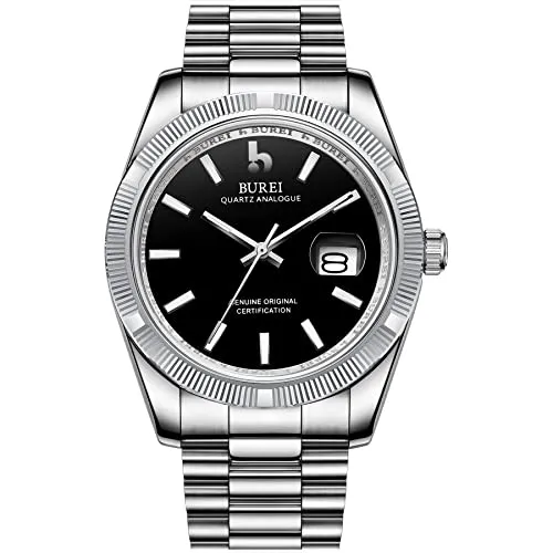 BUREI Herren Uhren Analoge Quarzuhr Schwarz Zifferblatt - Elegante Armbanduhr für Herren mit Datumsanzeige und hochwertigem Edelstahlarmband. Ideal für jeden Anlass, kombiniert Luxus mit hoher Funktionalität.