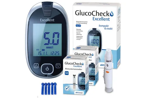 GlucoCheck Excellent Starter-Set [mmol/l] mit 110 Blutzuckerteststreifen