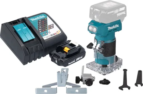 Makita DRT 52 RA1 Akku Kantenfräse 18 V - Leichte Akku-Kantenfräse für präzises Fräsen in Holz. Mit bürstenlosem Motor, LED-Arbeitslicht und vielseitigem Zubehör für Tischler und Heimwerker.