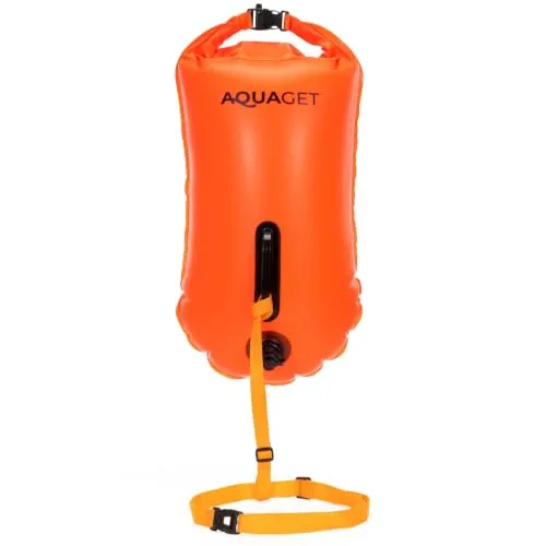 Aquaget Schwimmboje 36L Sicherheitsboje Open Water Boje mit Dry Bag und Notfallpfeife Schwimmhilfe Auftrieb 314N wasserdichte Tasche Verstellbarer Gurt für Triathlon Schwimmen Neon Orange