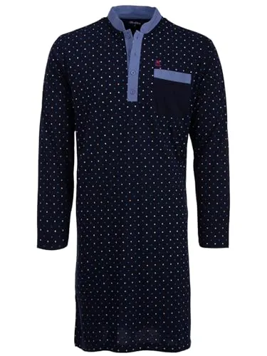Henry Terre Nachthemd Herren Langarm Punkte Brusttasche Schlafshirt Größe M-3XL, Farbe:Navy, Größe:L