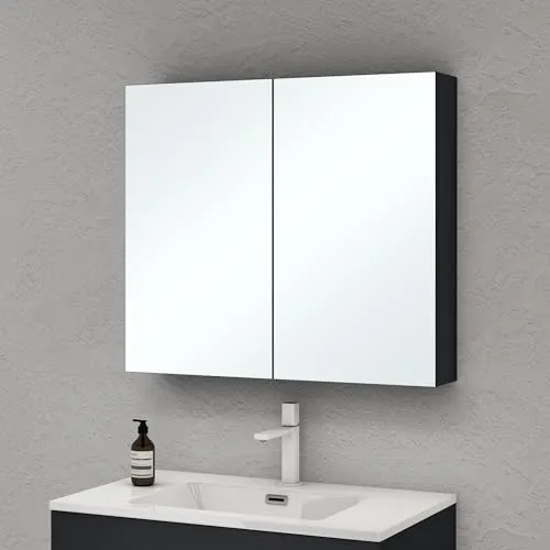 doporro Spiegelschrank Wandschrank mit Spiegel in matt Anthrazit 80x70 cm - Spiegelschrank fürs Bad mit 2 kupferfreien Spiegeln, verstellbarem Regalbrett und modernem Design für optimale Aufbewahrung und Platznutzung.