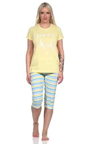 NORMANN-Wäschefabrik Sommerlicher Damen Capri Schlafanzug, Kurzarm Pyjama - Hose Geringelt - 12220410752, Farbe:gelb, Größe:48-50