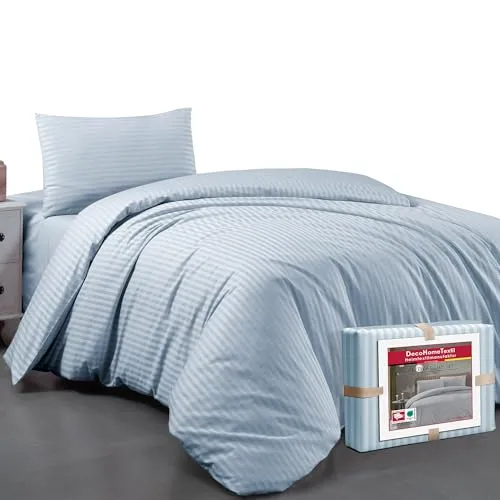 DecoHomeTextil Bettwäsche Set Bettgarnitur mit Reißverschluss Polycotton Streifen Hellblau 1x Bettbezug 135 x 200 cm + 1x Kissenbezug 80 x 80 cm