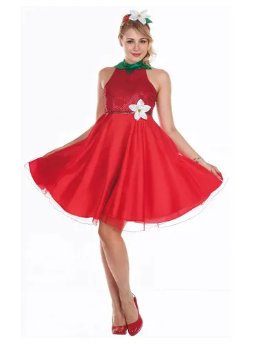 Erdbeerblüte Kostüm - Erdbeerrotes Glitzerkleid mit Blütenschmuck Größe: 42