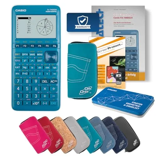 Casio FX-7400 GIII Grafikechner mit CalcCase Schutztasche, Folie, Fachbuch, Zirkel Set - Deluxe Set (Türkis)