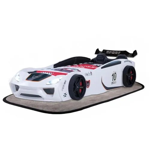 Coemo Vento Sport Autobett Weiß im Rennwagen-Design - KINDERBETT MIT LATTENROST - Hochwertiges Rennwagen-Autobett mit stabiler MDF-Konstruktion, LED-Scheinwerfern und sportlichen Polstern für kleine Rennfahrer.